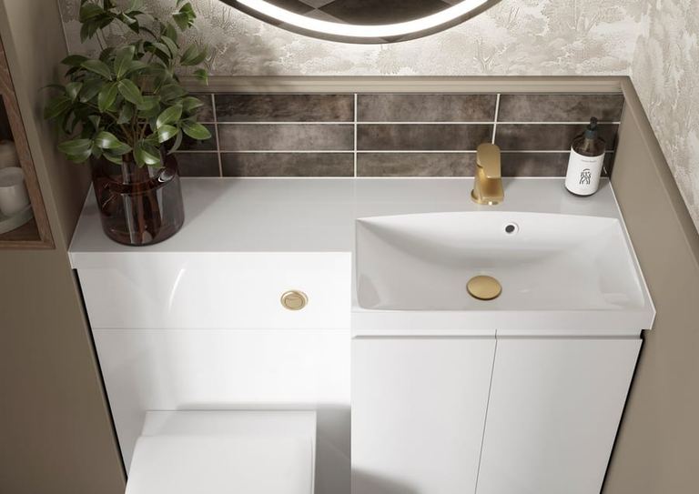 Veneto vanity in Pearl with a brass tap