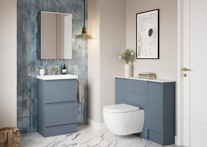 Veneto vanity in Lagoon Mist with a lit mirror
