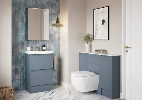 Calypso Veneto bathroom in Lagoon Mist, a compact handleless collection