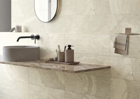 Caracalla Bianco ceramic tiles fitted in a room, marble-effect, matt