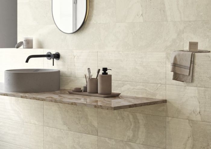 Caracalla Bianco ceramic tiles fitted in a room, marble-effect, matt