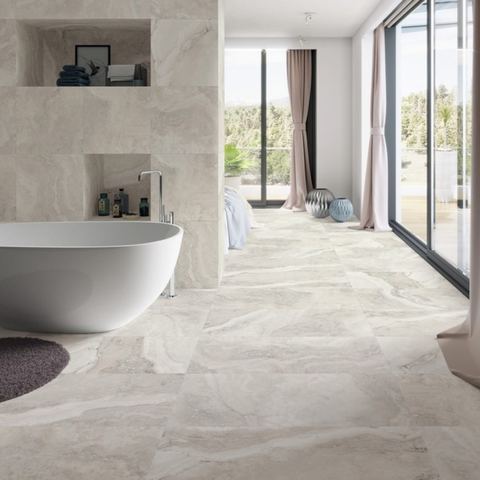 Caracalla Bianco porcelain tiles fitted in a room, marble-effect, matt