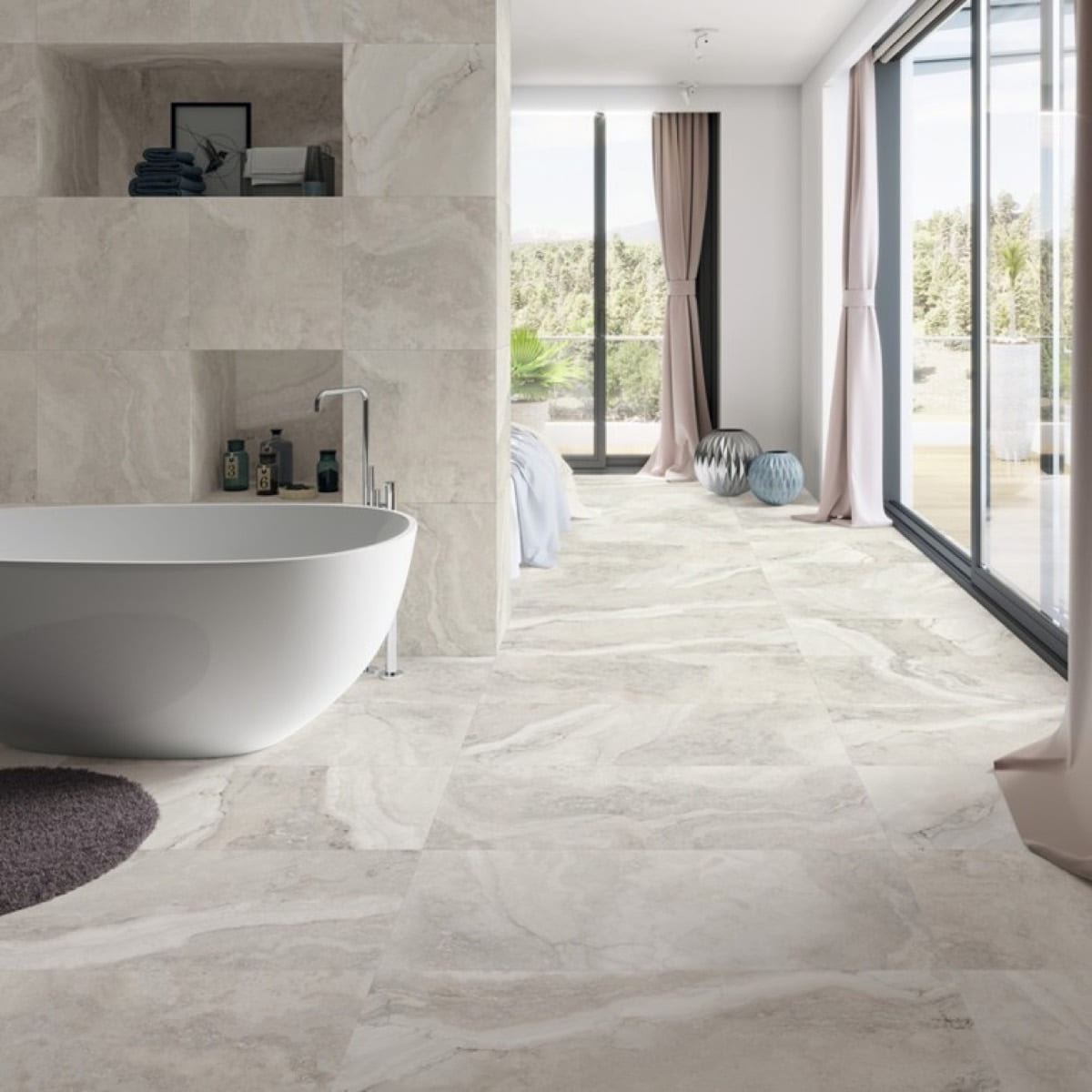 Caracalla Bianco porcelain tiles fitted in a room, marble-effect, matt