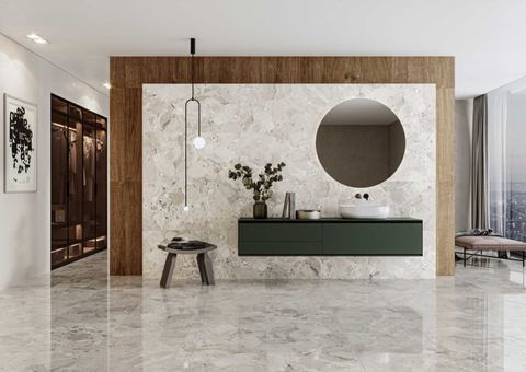 Ceppo De Seville Beige porcelain tiles fitted in a room, marble-effect, matt