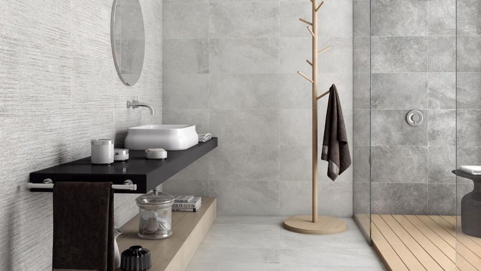 Choice Ash Décor porcelain tiles fitted in a room, grey, matt