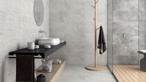 Choice Ash Décor porcelain tiles fitted in a room, grey, matt