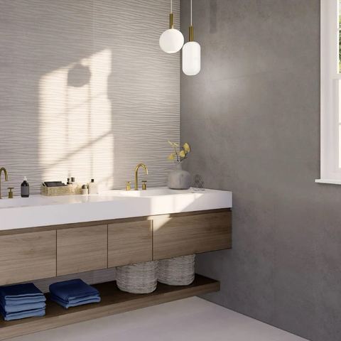 Cosmos Décor ceramic tiles fitted in a room, grey, matt