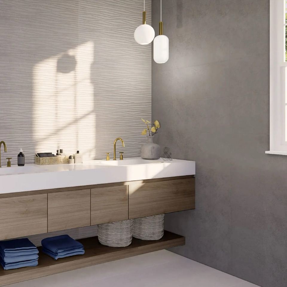 Cosmos Décor ceramic tiles fitted in a room, grey, matt