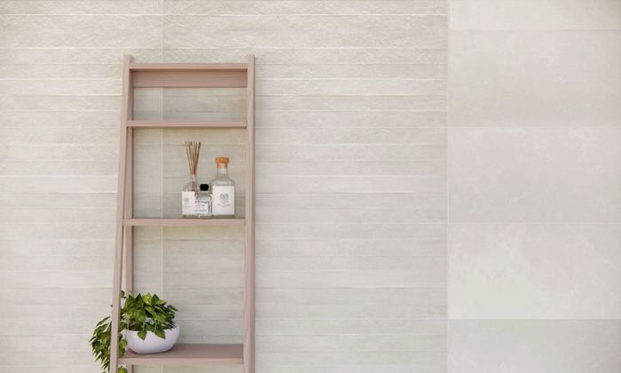 DC Viterbo Nubole ceramic tiles fitted in a room, cream & beige, matt