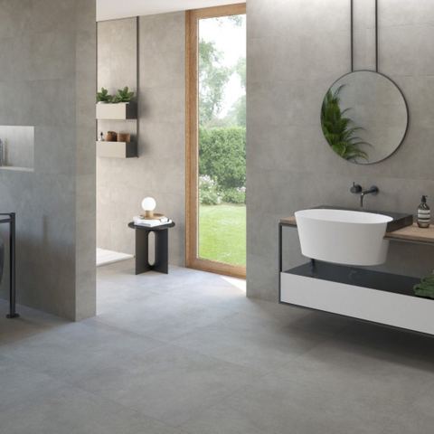Etna Taupe ceramic tiles fitted in a room, grey, matt