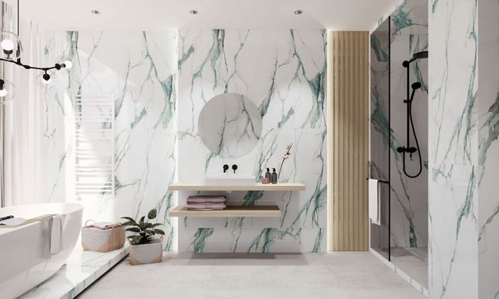 Fantasy Green porcelain tiles fitted in a room, marble-effect, gloss & polished