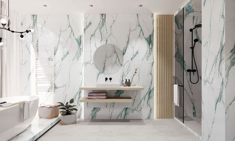 Fantasy Green porcelain tiles fitted in a room, marble-effect, gloss & polished