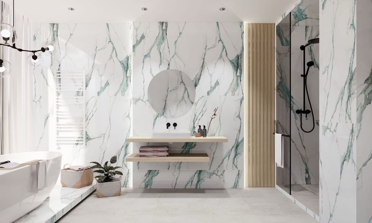 Fantasy Green porcelain tiles fitted in a room, marble-effect, gloss & polished