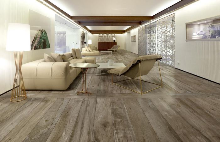 Forrest Wood Musk porcelain tiles fitted in a room, wood-effect, matt