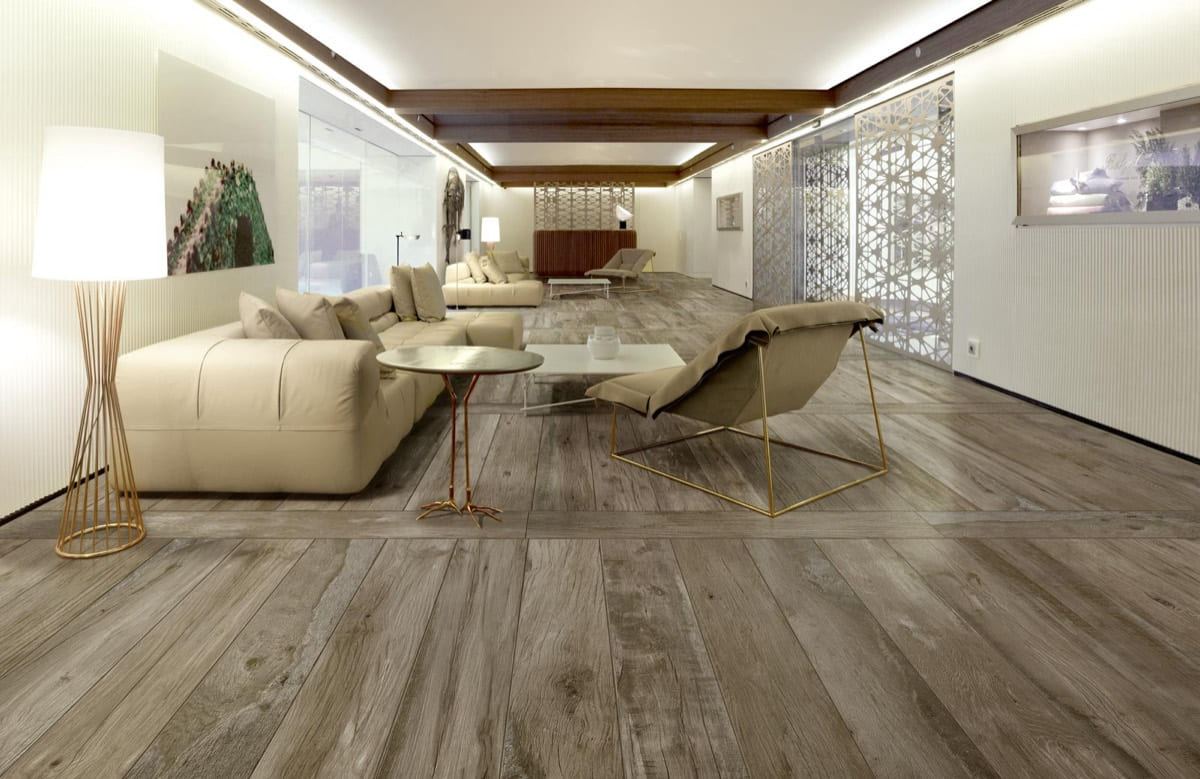 Forrest Wood Musk porcelain tiles fitted in a room, wood-effect, matt