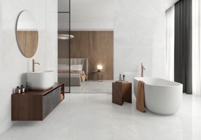 Garner Matt White porcelain tiles fitted in a room, marble-effect, matt
