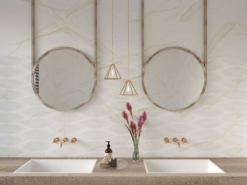Gualdo White ceramic tiles fitted in a room, marble-effect, satin