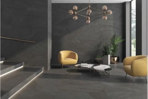 Halley Argent porcelain tiles fitted in a room, grey, gloss & polished