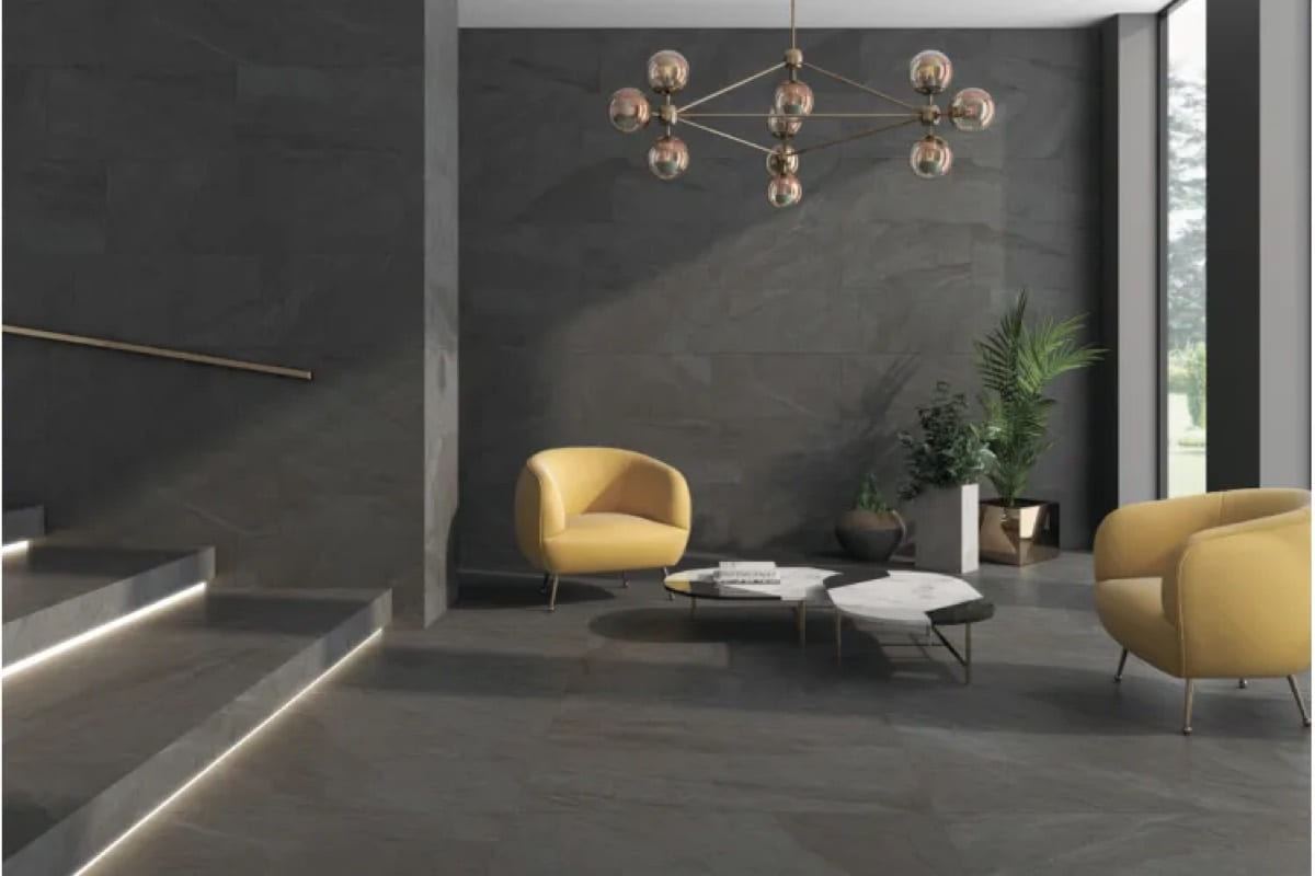 Halley Argent porcelain tiles fitted in a room, grey, gloss & polished