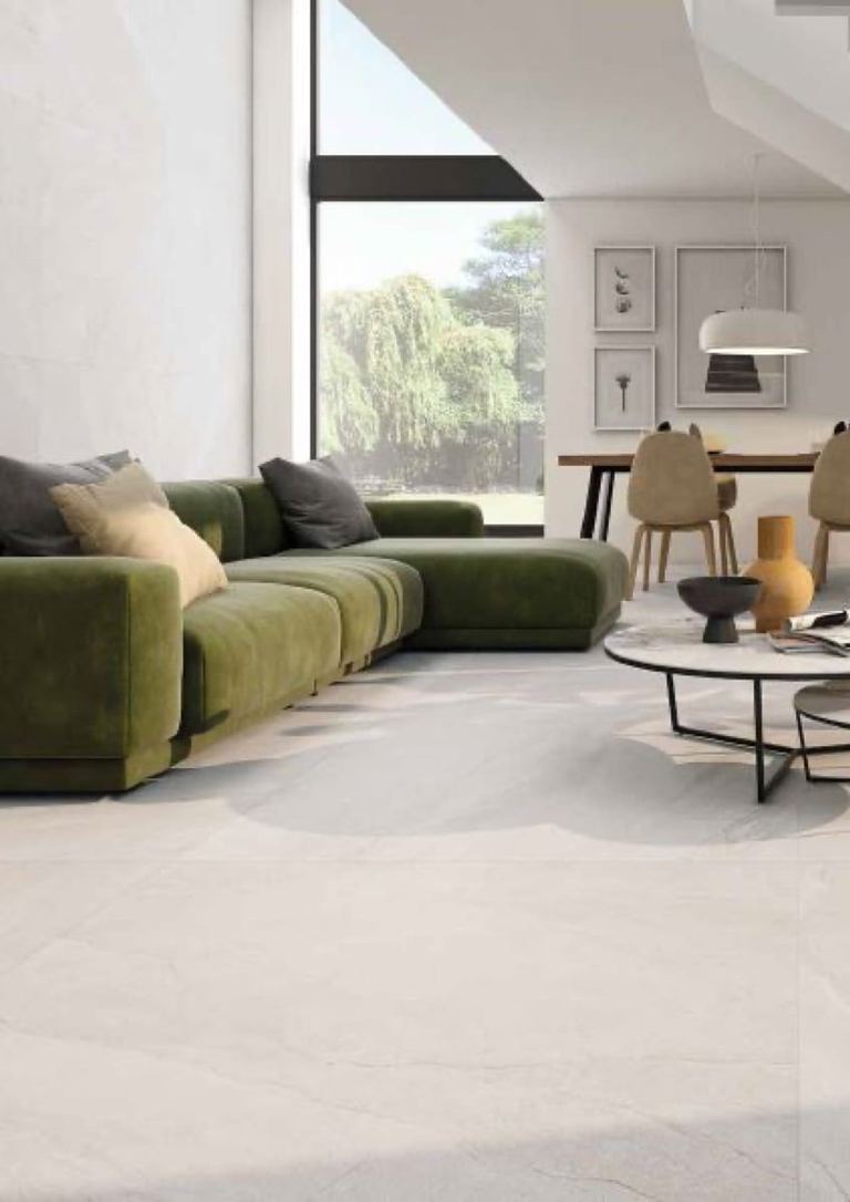 Halley Light porcelain tiles fitted in a room, grey, gloss & polished