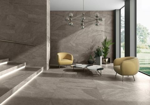 Halley Mud porcelain tiles fitted in a room, cream & beige, gloss & polished