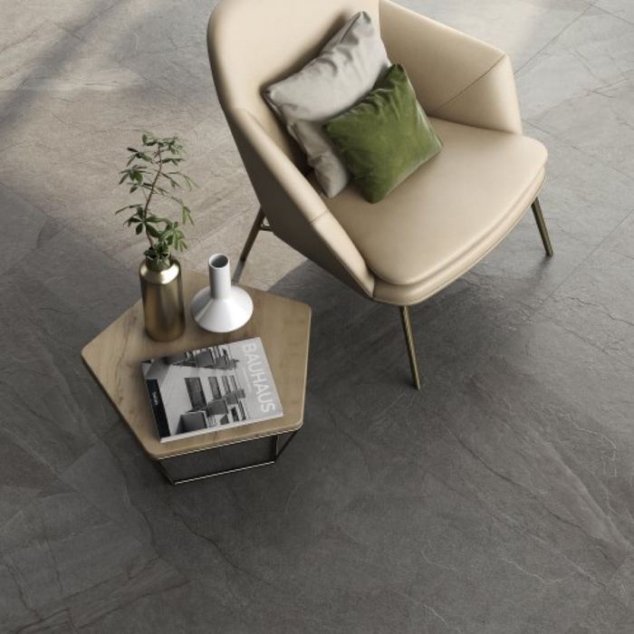 Halley Silver porcelain tiles fitted in a room, grey, matt