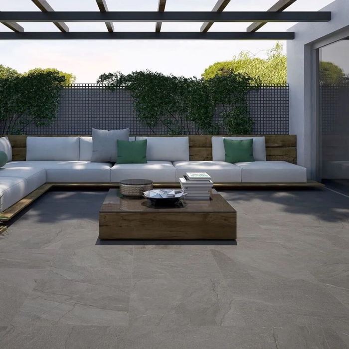 Halley Silver Outdoor porcelain tiles fitted in a room, grey, gloss & polished