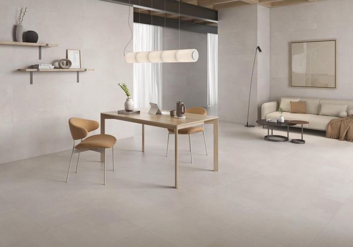 Hazel White porcelain tiles fitted in a room, white, matt