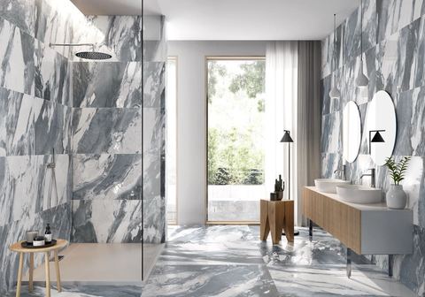 Jeans Blue porcelain tiles fitted in a room, marble-effect, gloss & polished