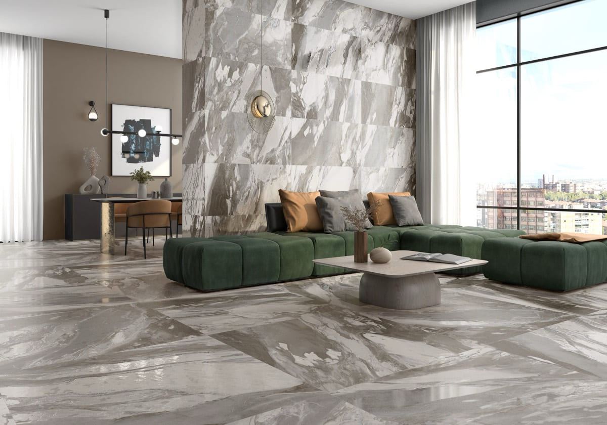 Jeans Grigio porcelain tiles fitted in a room, marble-effect, gloss & polished