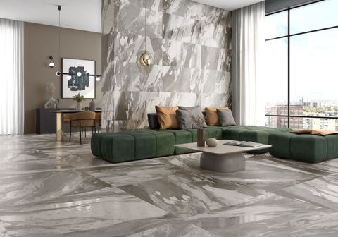Jeans Grigio porcelain tiles fitted in a room, marble-effect, gloss & polished