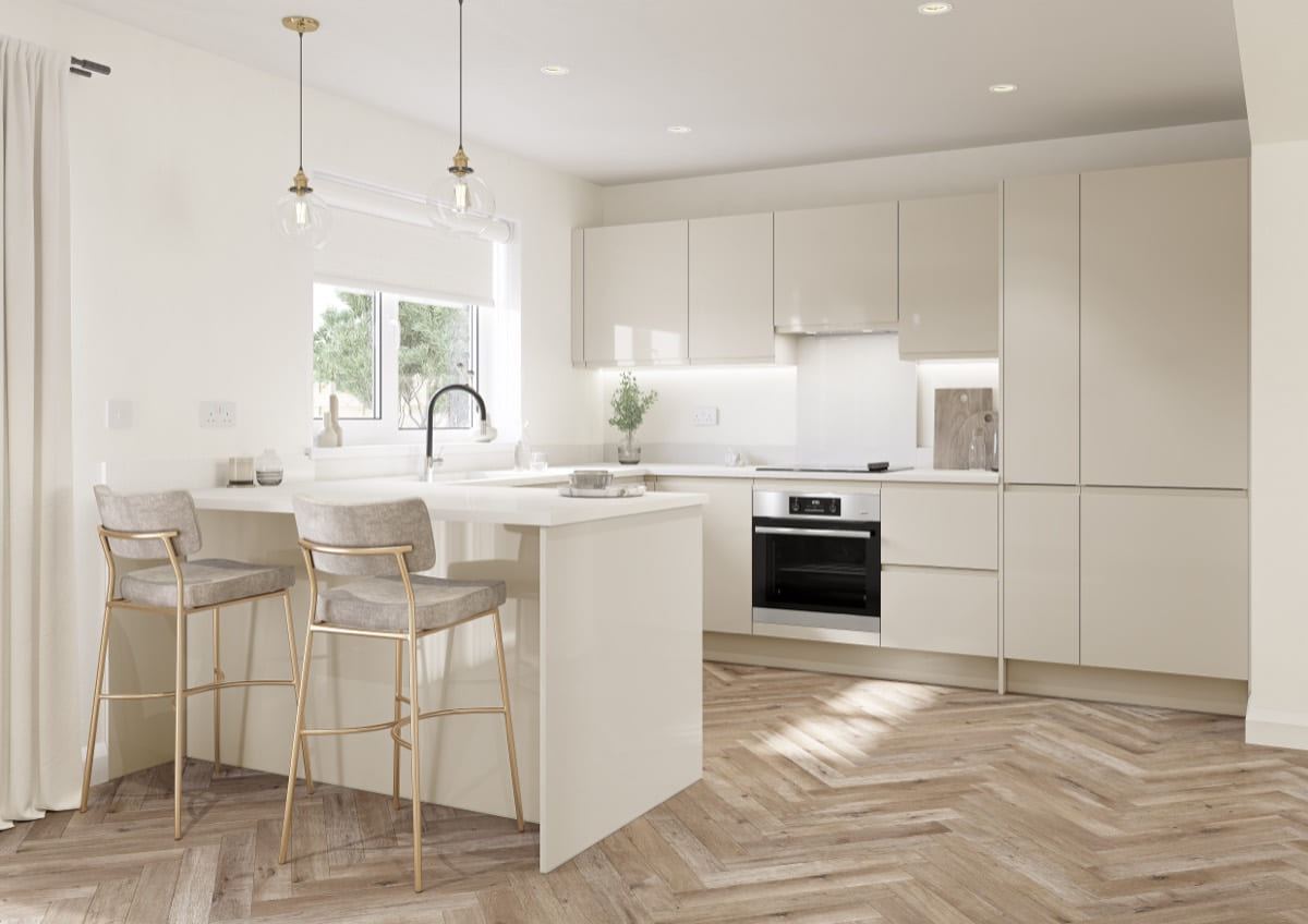 Arlo kitchen in Matt Taupe Grey, full room view