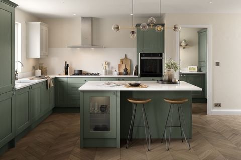 Belsay Woodgrain kitchen in Reed Green, a narrow frame shaker door
