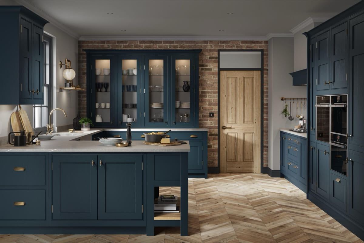 Clarendon kitchen in Hartforth Blue, full room view