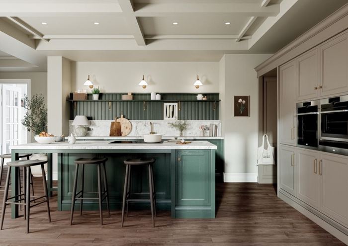 Mornington Beaded Vale kitchen in Copse Green & Fawn, full room view
