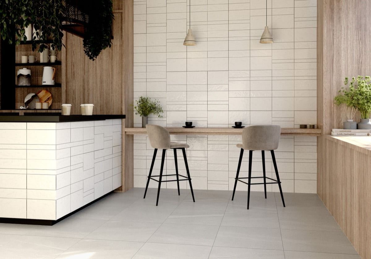 Kian White ceramic tiles fitted in a room, white, gloss & polished