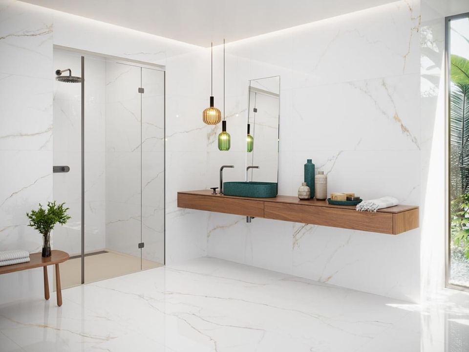 Lance White porcelain tiles fitted in a room, marble-effect, matt