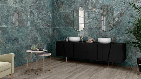 Lux Kionia Smeraldo porcelain tiles fitted in a room, marble-effect, gloss & polished