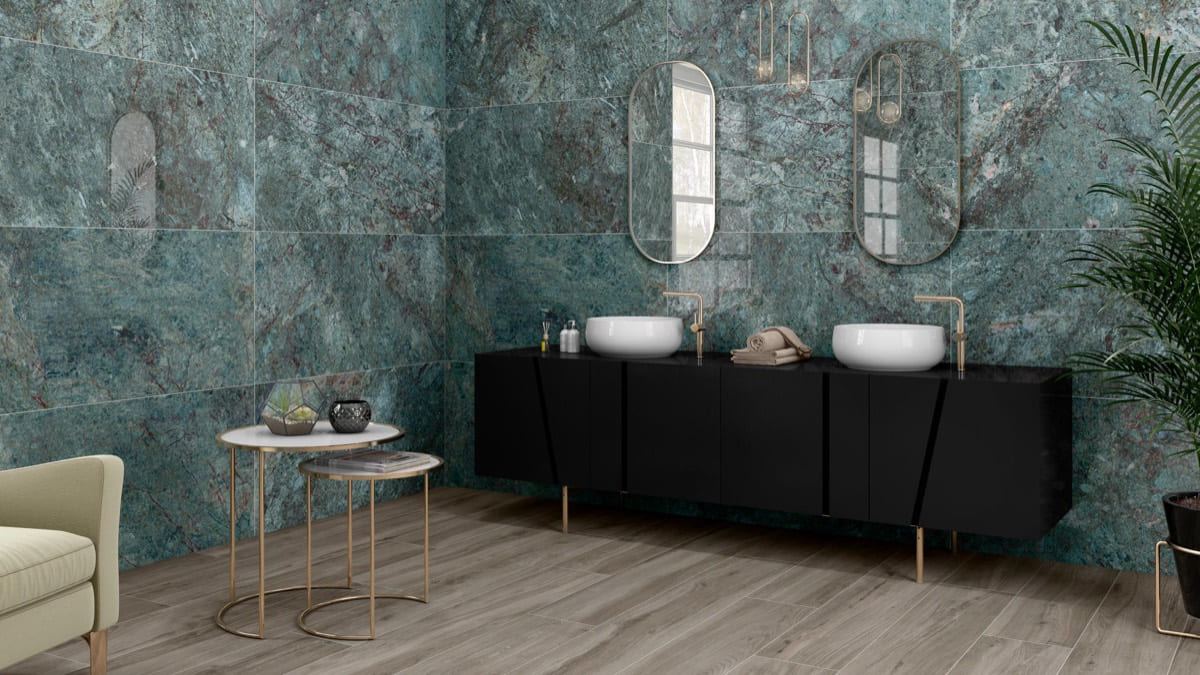 Lux Kionia Smeraldo porcelain tiles fitted in a room, marble-effect, gloss & polished