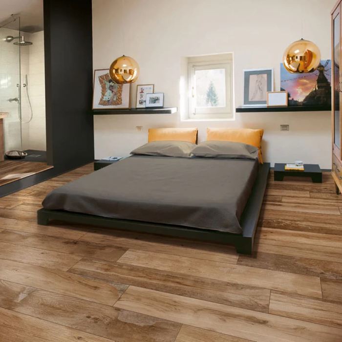 Marazzi Woodmania Caramel porcelain tiles fitted in a room, wood-effect, matt