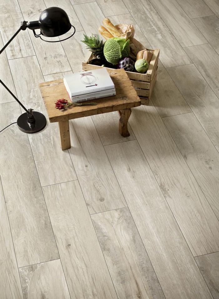Marazzi Woodmania Ivory porcelain tiles fitted in a room, wood-effect, matt