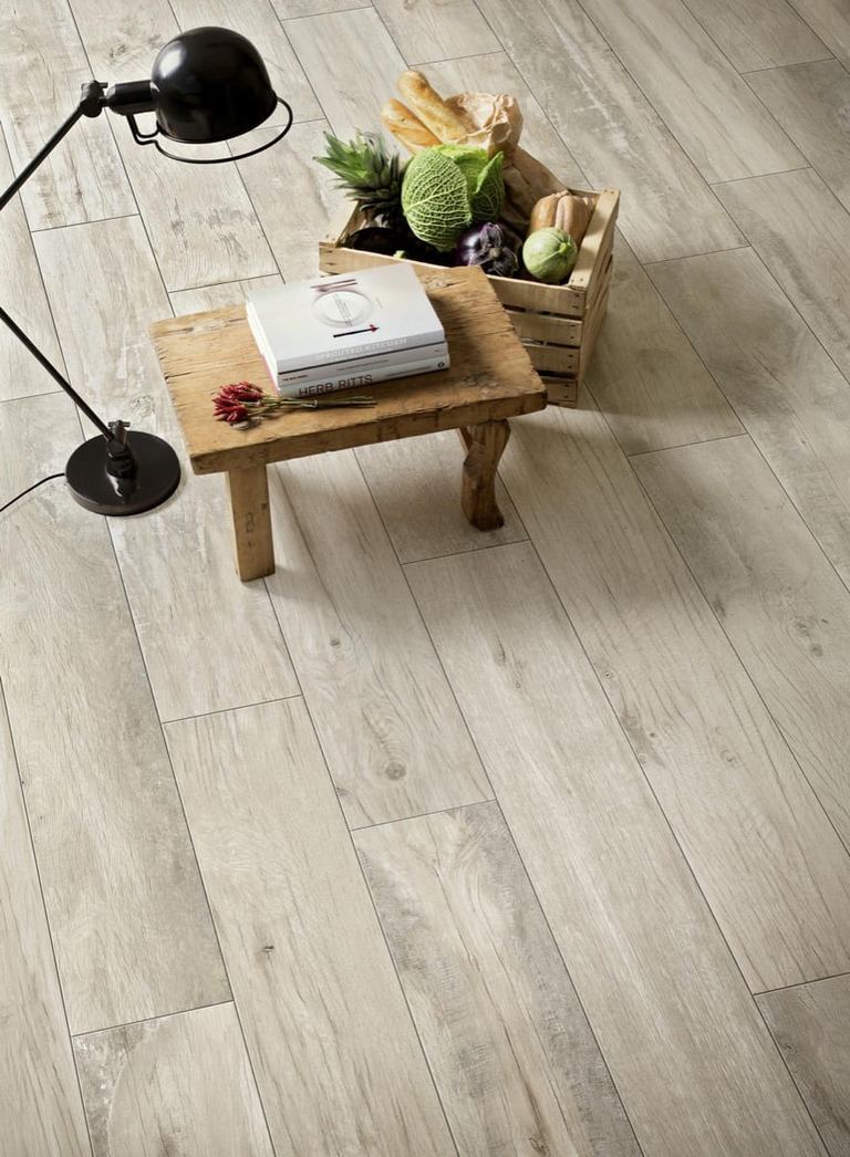 Marazzi Woodmania Ivory porcelain tiles fitted in a room, wood-effect, matt