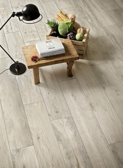 Marazzi Woodmania Ivory porcelain tiles fitted in a room, wood-effect, matt
