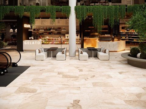 Maui Beige porcelain tiles fitted in a room, cream & beige, matt