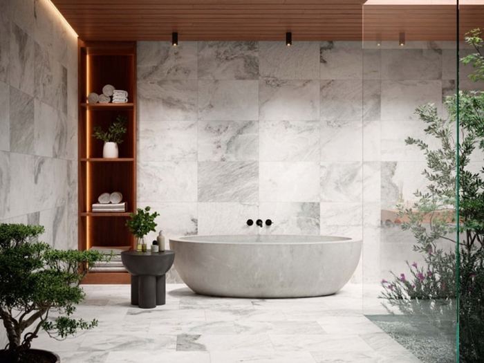 Midway Grey porcelain tiles fitted in a room, grey, matt