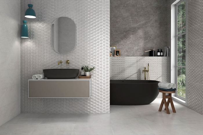 Mosaico Ambar Gris ceramic tiles fitted in a room, grey, textured & décor
