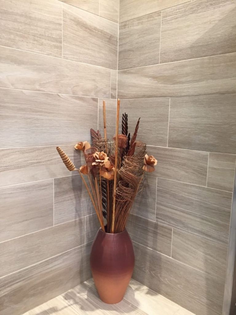 Mywood Beige porcelain tiles fitted in a room, wood-effect, matt