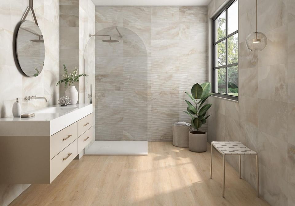 Naza Mate White ceramic tiles fitted in a room, marble-effect, matt