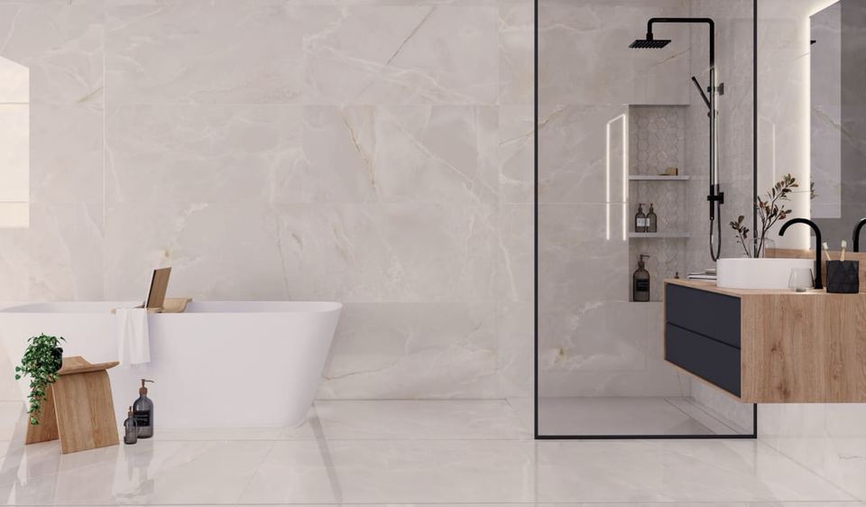 Nepal porcelain tiles fitted in a room, marble-effect, gloss & polished