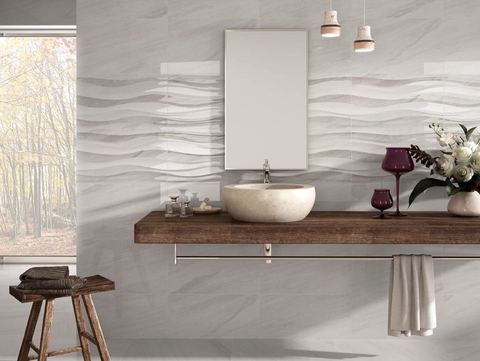 North Perla ceramic tiles fitted in a room, grey, gloss & polished